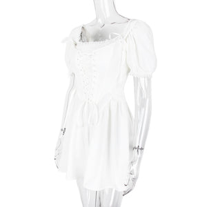 White Puff Short Sleeve Boning Top Dress Two Piece Set