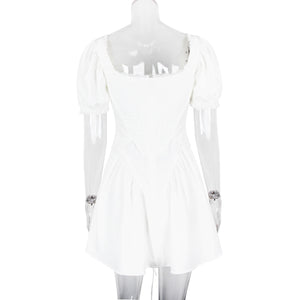 White Puff Short Sleeve Boning Top Dress Two Piece Set