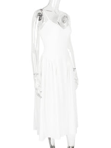 V Neck Spaghetti Backless Flare Midi Dress