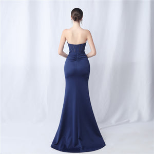 Boning Satin Slim Waist Strapless Ruched Train Evening Dress