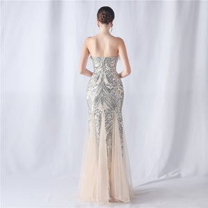 Ostrich Feather Positional Pattern Strapless Sequin Tulle Evening Dress