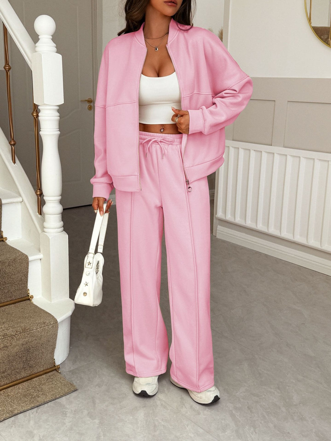 Casual Zip Up Jacket + Trousers Two Piece Set