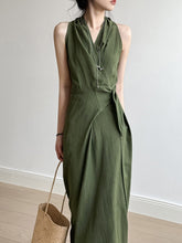 Load image into Gallery viewer, French Style Vintage V Neck Halter Belted Dress
