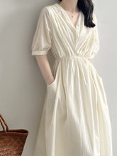 Load image into Gallery viewer, Vintage V Neck Ruched Midi Dress

