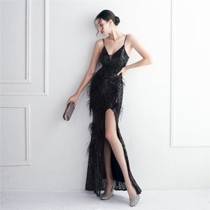 Positional Embroidery Sequin Beads Spaghetti Feather Long Slim Evening Dress
