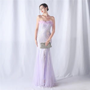 Ostrich Feather Positional Pattern Strapless Sequin Tulle Evening Dress