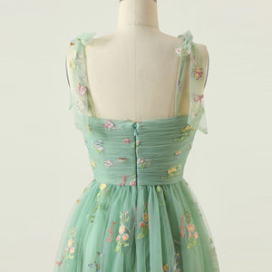 Elegant Tie Strap Colorful 3D Flower Embroidered Tulle Fairy Dress