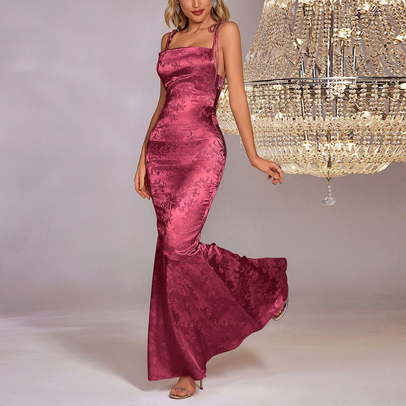 Jacquard Spaghetti Backless Mermaid Maxi Dress