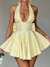Load image into Gallery viewer, Jaquard Halter Neck Tie Mini Flare Dress
