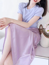 画像をギャラリービューアに読み込む, フレンチスタイル パープル クロップ Tシャツ トップ スリム ミディ サテン スカート ツーピース セット
