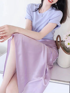 French Style Purple Crop T Shirt Top Slim Midi Satin Skirt Two Piece Set