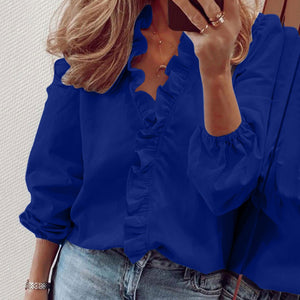 Woman Long Sleeve Ruffle Stand Collar Shirt