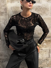 Cargar imagen en el visor de la galería, Black Lace Round Neck Long Sleeve T Shirt See Through Cutout Base Top
