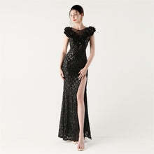 Load image into Gallery viewer, Scale Sequin Frilled Shoulder Sleeve Mermaid Evening Dress

