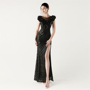 Scale Sequin Frilled Shoulder Sleeve Mermaid Evening Dress