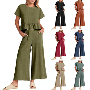 Solid Ruffle Top Wide Leg Ankle Length Pants Two Piece Set