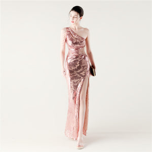 One Shoulder Cutout Slit Sequin Evening Dress