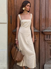 Load image into Gallery viewer, Cotton Linen Square Neck Spaghetti Backless Midi Dress
