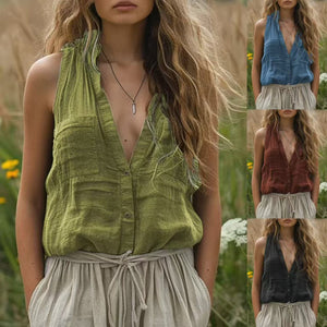 Oversized Sleeveless Cotton Linen V Neck Pocket Top