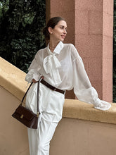 Load image into Gallery viewer, White Tie Bow Sexy Transparent Trumpet Sleeve Blouse

