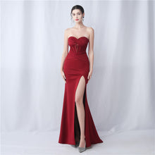 Load image into Gallery viewer, Boning Satin Slim Waist Strapless Ruched Train Evening Dress
