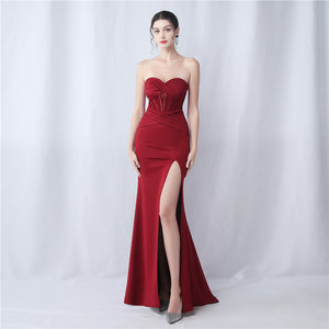 Boning Satin Slim Waist Strapless Ruched Train Evening Dress