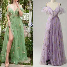 Load image into Gallery viewer, Long Spaghetti 3D Flower Embroidery Tulle Evening Dress Bridesmaid Dress Birthday Party Coming-of-age Ceremony Dress Performance Dress
