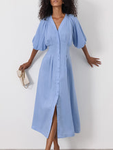 画像をギャラリービューアに読み込む, Relaxed-Fit Linen Cotton Puff Sleeve Midi Dress

