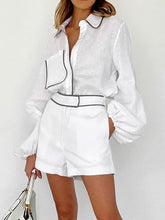 画像をギャラリービューアに読み込む, Women Cotton Linen Black White Contrast Shirt Shorts Two Piece Set
