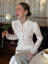 Load image into Gallery viewer, Stand Collar Slim Lace Cutout Puff Sleeve Blouse
