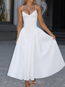 V Neck Spaghetti Backless Flare Midi Dress