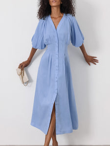 Elegant Blue Cotton Linen V Neck Puff Sleeve Button Up Midi Dress