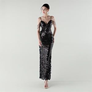 Draped Tassel Sequin Deep V Neck Backless Mermaid Evening Dress