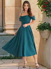 画像をギャラリービューアに読み込む, Ruched Spaghetti Off Shoulder A Line Midi Dress
