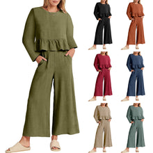 Load image into Gallery viewer, Solid Long Sleeve Ruffle Top Wide Leg Ankle Length Pants Two Piece Set
