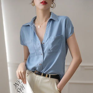 Woman Short Sleeve Tencil Denim Shirt