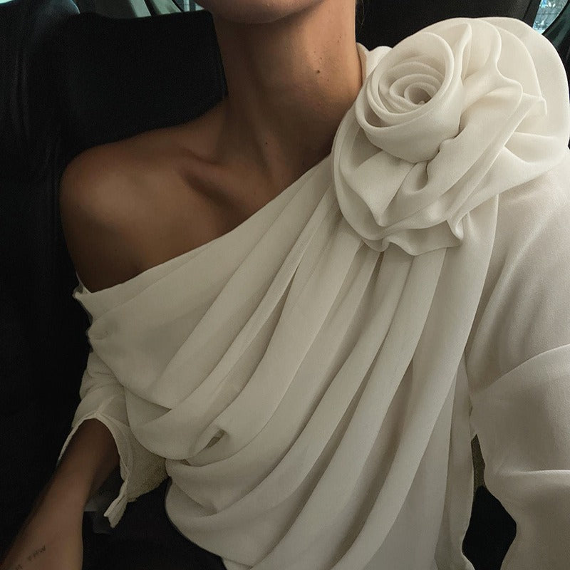 Blusa elegante a maniche lunghe monospalla con fiori 3D, primavera-autunno