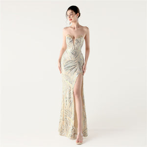Slim Beaded Sequin Strapless Evening Dress