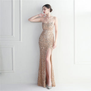 Velvet Sequin Halter Neck Spaghetti Nightclub Long Mermaid Evening Dress