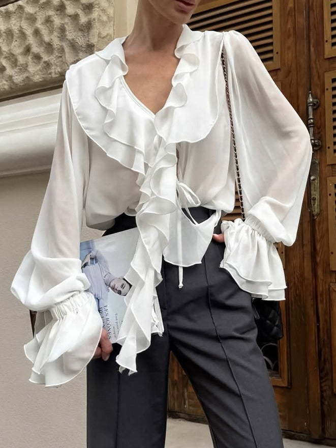 Frilled V Neck Bow Tie Blouse