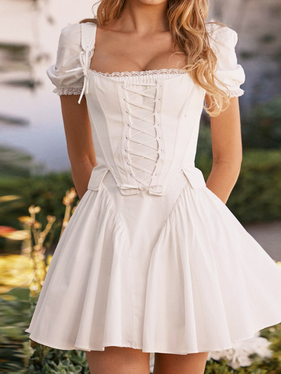 White Puff Short Sleeve Boning Top Dress Two Piece Set
