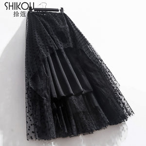 High Elastic Flocking Polka Dot Puffy Tulle Midi Skirt