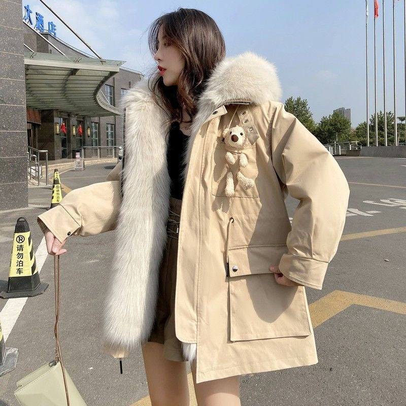 女性用厚手ミドル丈イミテーションファーパーカーコート