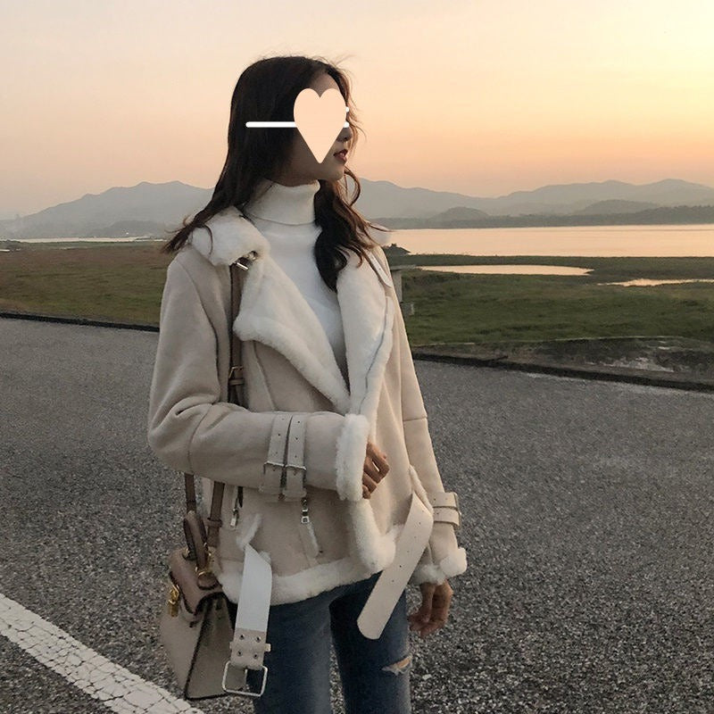 レザーファーバイクストリートイミテーションラムヘア薄手ショートコート
