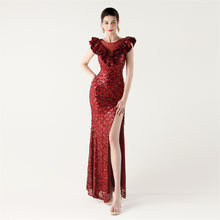 Load image into Gallery viewer, Scale Sequin Frilled Shoulder Sleeve Mermaid Evening Dress
