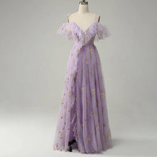 Load image into Gallery viewer, Long Spaghetti 3D Flower Embroidery Tulle Evening Dress Bridesmaid Dress Birthday Party Coming-of-age Ceremony Dress Performance Dress
