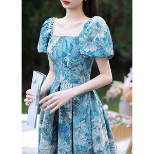 French Style Printed Floral Midi Event Dress Day Dress