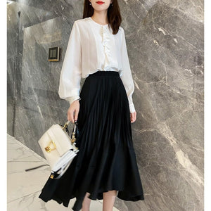 Irregular Pleated High Waist Midi Flare Skirt