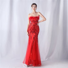 Load image into Gallery viewer, Ostrich Feather Positional Pattern Strapless Sequin Tulle Evening Dress

