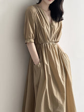 Load image into Gallery viewer, Vintage V Neck Ruched Midi Dress
